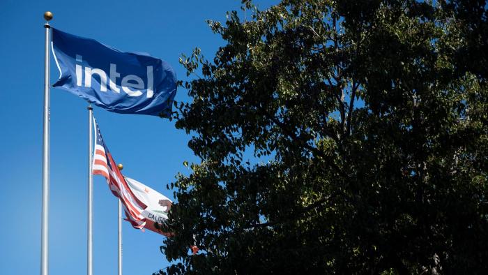 Intel's flag in the foreground with the flags of California and the USA in the background.