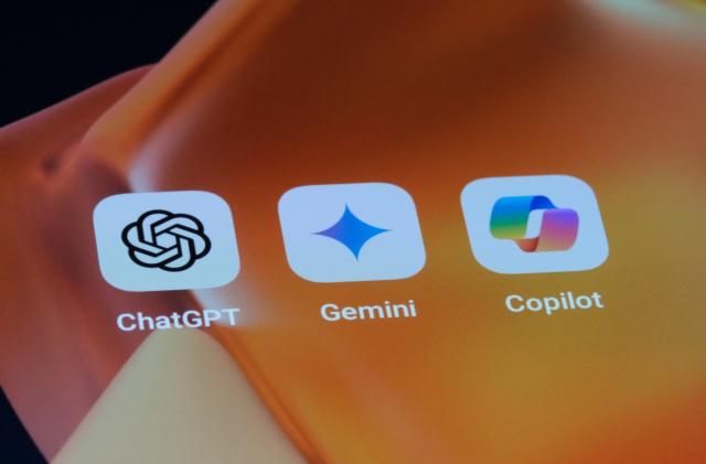 Shanghai,China-Feb.17th 2024: Google Gemini, OpenAI ChatGPT and Microsoft Copilot app icons on screen. Assorted AI mobile apps