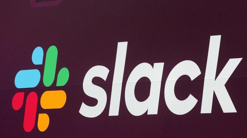 The Slack Technologies Inc. logo is seen on a banner outside the New York Stock Exchange (NYSE) during thew company's IPO in New York, U.S. June 20, 2019.  REUTERS/Brendan McDermid