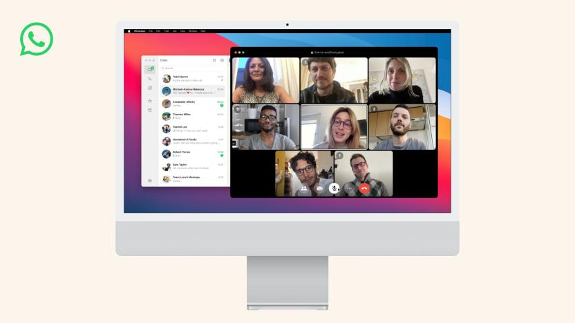 Image of a Mac display showing a video call in the WhatsApp for Mac desktop app.