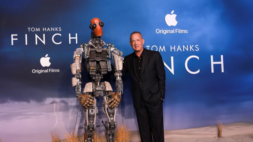 Cast member Tom Hanks poses at the premiere for the film "Finch" at the Pacific Design Center in Los Angeles, California, U.S., November 2, 2021. REUTERS/Aude Guerrucci