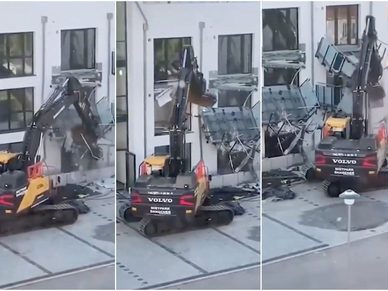 Footage shows a 'frustrated' contractor using an excavator to wreck a new apartment complex over unpaid work