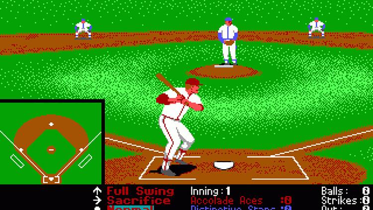 A screenshot from the catcher's POV of a batter at the plate from the baseball video game 'Hardball'.