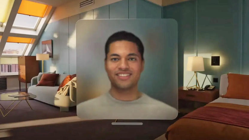 A view of an Apple Vision Pro avatar hovers in a square panel with a small apartment in the background.