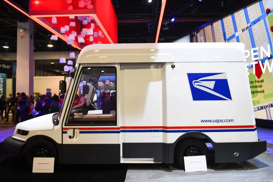 The US Postal Service (USPS) Next Generation Delivery Vehicle (NGDV) is displayed during the Consumer Electronics Show (CES) on January 5, 2022 in Las Vegas, Nevada. (Photo by Patrick T. FALLON / AFP) (Photo by PATRICK T. FALLON/AFP via Getty Images)