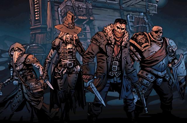 Darkest Dungeon II keyart featuring four of the game's playable classes, the Man-at-Arms, Highwayman, Grave Robber and Plague Doctor.