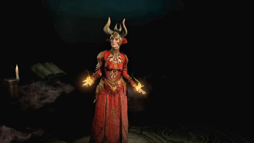 A screenshot of a female Sorcerer from Diablo IV. She's wearing a red gown, with a helmet that features horns.  