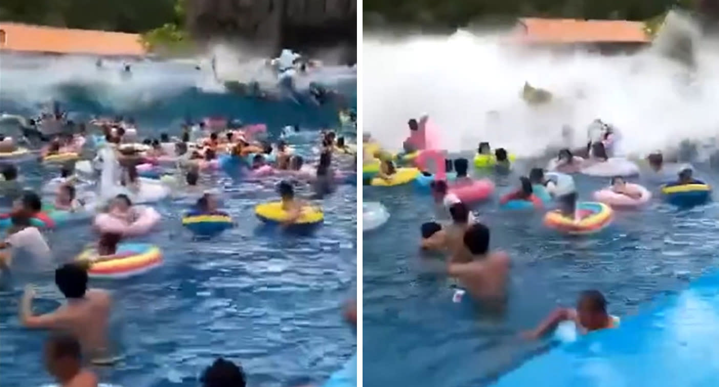 Swimmers wiped out in China as faulty wave machine creates tsunami ile ilgili gÃ¶rsel sonucu