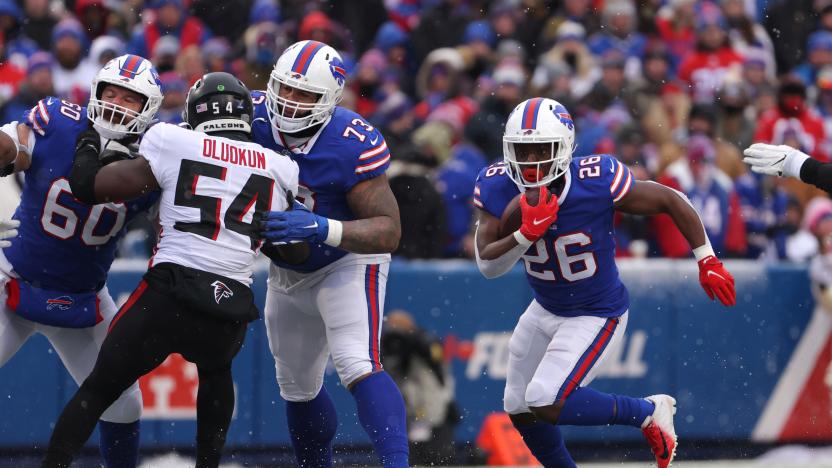 ORCHARD PARK, NY - JANUARY 02: Devin Singletary #26 of the Buffalo Bills runs the ball during a game against the Atlanta Falcons at Highmark Stadium on January 2, 2022 in Orchard Park, New York. (Photo by Timothy T Ludwig/Getty Images)