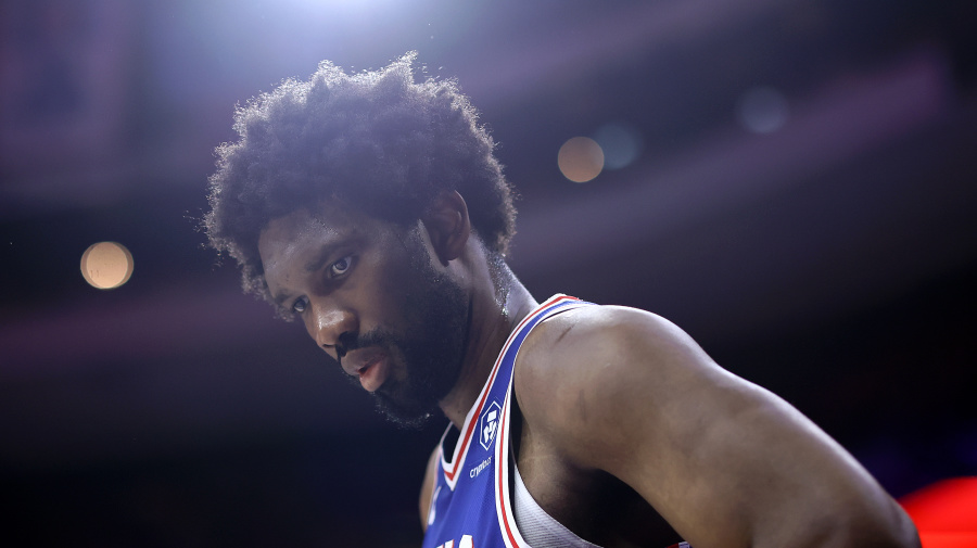 Getty Images - PHILADELPHIA, PENNSYLVANIA - APRIL 25: Joel Embiid #21 of the Philadelphia 76ers looks on during the fourth quarter against the New York Knicks during game three of the Eastern Conference First Round Playoffs at the Wells Fargo Center on April 25, 2024 in Philadelphia, Pennsylvania. NOTE TO USER: User expressly acknowledges and agrees that, by downloading and/or using this Photograph, user is consenting to the terms and conditions of the Getty Images License Agreement. (Photo by Tim Nwachukwu/Getty Images)