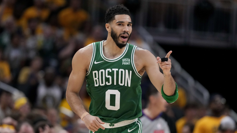 Associated Press - Boston Celtics forward Jayson Tatum reacts after making a basket during the second half of Game 4 of the NBA Eastern Conference basketball finals against the Indiana Pacers, Monday, May 27, 2024, in Indianapolis. (AP Photo/Michael Conroy)