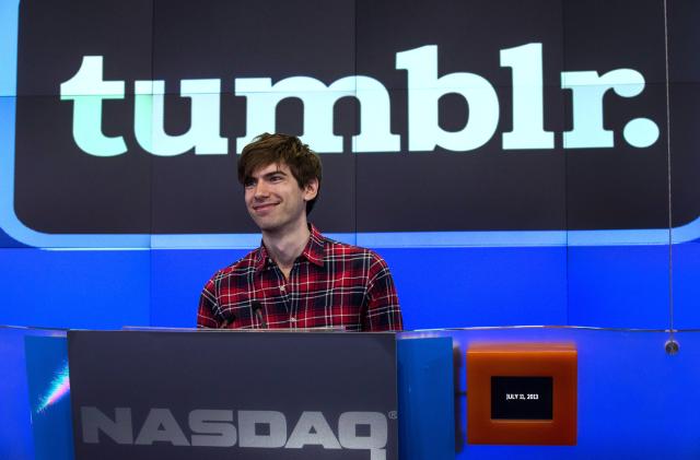 NEW YORK, NY - JULY 11:  David Karp, founder of the micro-blogging site Tumblr, opens the NASCAQ Exchange on July 11, 2013 in New York City. Tumblr was bought by Yahoo! for $1 billion in May; Karp is estimated to be worth $200 million.  (Photo by Andrew Burton/Getty Images)