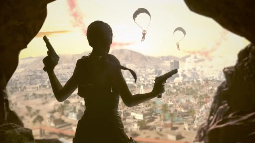 A shadow-soaked Lara Croft stares down parachuting soldiers.