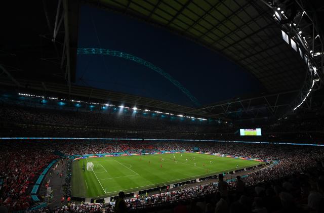 LONDON, ENGLAND - JULY 07: A general view during the UEFA Euro 2020 Championship Semi-final match between England and Denmark at Wembley Stadium on July 07, 2021 in London, England. (Photo by Michael Regan - UEFA/UEFA via Getty Images)