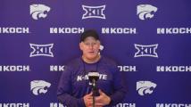 Kansas State football coach Chris Klieman talks to reporters after final spring practice