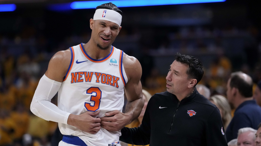 Associated Press - New York Knicks guard Josh Hart (3) reacts after getting injured during the first half of Game 6 against the Indiana Pacers in an NBA basketball second-round playoff series, Friday, May 17, 2024, in Indianapolis. (AP Photo/Michael Conroy)