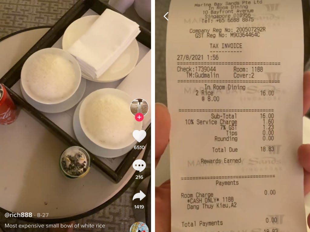 TikTok is up in arms over after a luxury hotel charged a guest $14 for 2 small bowls of steamed white rice