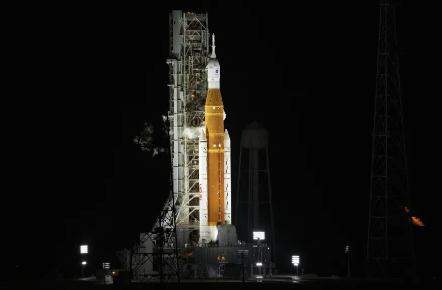 NASAâ€™s Space Launch System (SLS) rocket with the Orion spacecraft aboard is seen atop the mobile launcher at Launch Pad 39B, Monday, Aug. 29, 2022, as the Artemis I launch teams load more than 700,000 gallons of cryogenic propellants including liquid hydrogen and liquid oxygen as the launch countdown progresses at NASAâ€™s Kennedy Space Center in Florida. NASAâ€™s Artemis I flight test is the first integrated test of the agencyâ€™s deep space exploration systems: the Orion spacecraft, SLS rocket, and supporting ground systems. Launch of the uncrewed flight test is targeted for no earlier than 8:33 a.m. ET. Photo Credit: (NASA/Joel Kowsky)