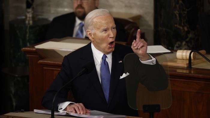 WASHINGTON, DC - MARCH 07: WASHINGTON, DC - MARCH 07: U.S. President Joe Biden delivers the State of the Union address during a joint meeting of Congress in the House chamber at the U.S. Capitol on March 07, 2024 in Washington, DC. This is Biden’s last State of the Union address before the general election this coming November. Biden was joined by Vice President Kamala Harris and Speaker of the House Mike Johnson (R-LA). (Photo by Chip Somodevilla/Getty Images)