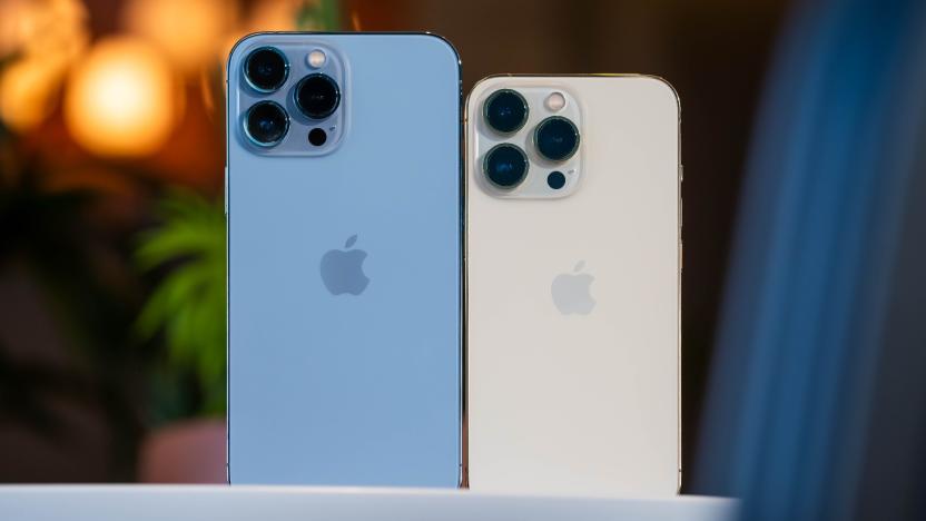 A blue iPhone 13 Pro Max and a starlight gold iPhone 13 Pro standing with their backs facing the camera.