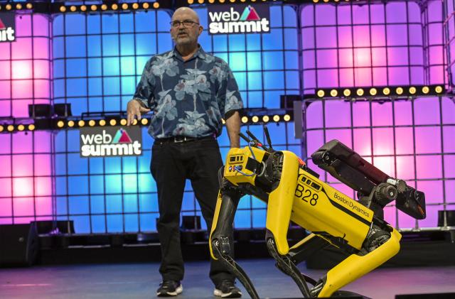 LISBON, PORTUGAL - NOVEMBER 07: Marc Raibert, Founder & CEO, Boston Dynamics, speaks on "Welcome to the future of mobile robots" and demonstrate their capability onstage with Spot, one of them at Center Stage of Web Summit in Altice Arena on November 07, 2019 in Lisbon, Portugal. Web Summit is an annual technology conference which brings together a variety of technology companies to discuss the future of industry. This year’s event runs from November 4- 7 and is expected to attract around 70,000 participants.  (Photo by Horacio Villalobos/Corbis via Getty Images)