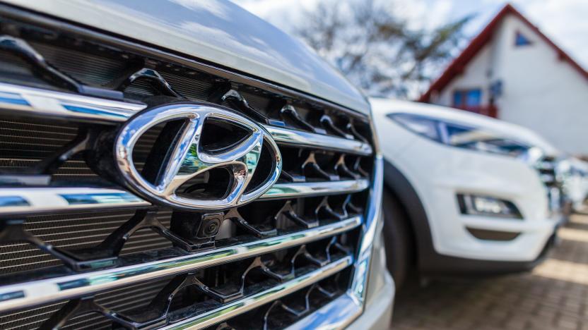 Nuremberg / Germany - April 7, 2019: Hyundai logo on a Hyundai car at a car dealer. The Hyundai Motor Company is a South Korean multinational automotive manufacturer headquartered in Seoul.