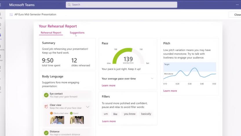 Screenshot of Microsoft Teams giving a student detailed (AI-powered) feedback on their presentation rehearsal. It says the presentation lasted 9:50 with 12 slides at a rate of 139 words per minute.