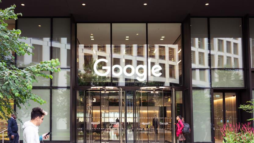 London, UK - People outside Google's headquarters office building in King's Cross, London.