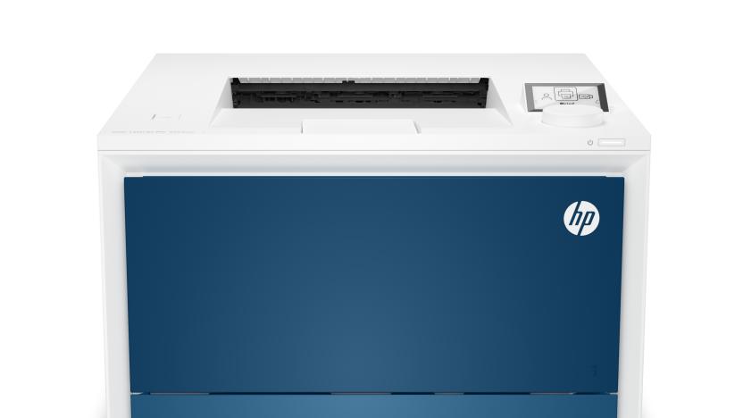 A front view of a HP Color LaserJet 4200/4300 series printer with its blue front panel and HP logo.