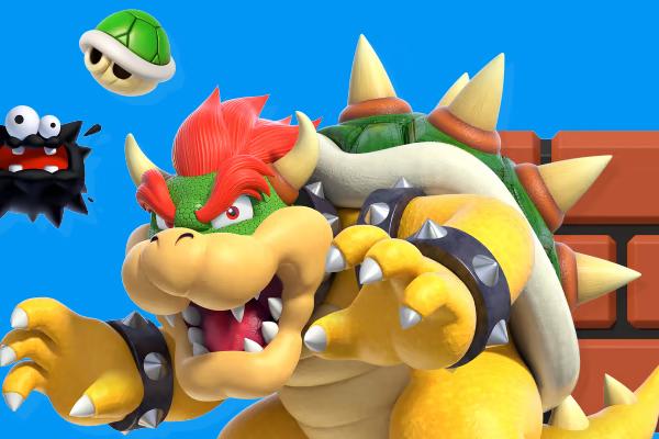 Mario’s nemesis Bowser posing menacingly with an inkblot baddie and koopa shell in the background.