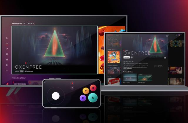 A title screen for the game Oxenfree is shown on a TV and laptop computer. A game controller app is shown on a smartphone.