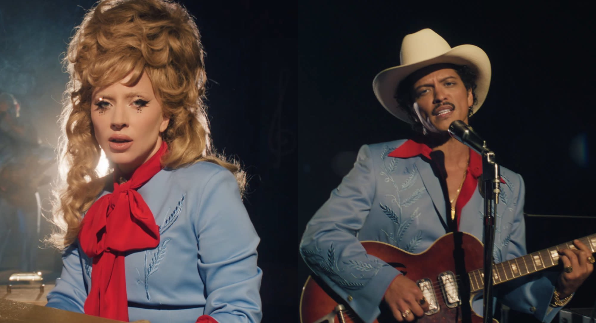 Lady Gaga Channels Retro Western Style in Dolly Parton-inspired Wig and Blue Minidress for ‘Die With a Smile’ Music Video Featuring Bruno Mars