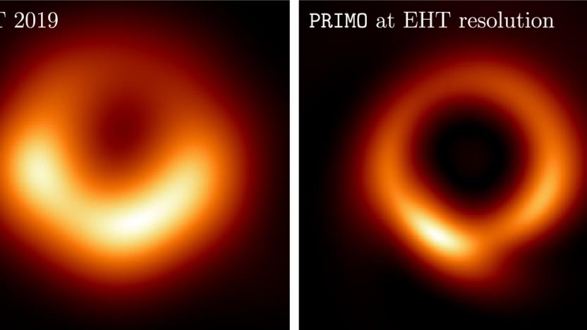 The original image of a black hole (left), showing a fuzzy orange donut-like shape among the blackness of space. On the right (in an updated image based on machine learning), a thinner orange ring surrounds a larger black center.