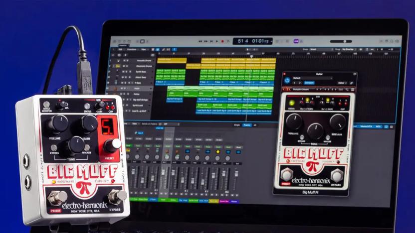 Big Muff Pi Hardware Plugin and a DAW displayed on a laptop.