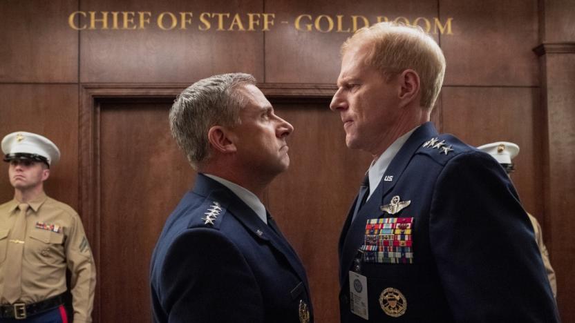 SPACE FORCE (L TO R) STEVE CARELL as GENERAL MARK R. NAIRD and NOAH EMMERICH as KICK GRABASTON in episode 103 of SPACE FORCE Cr. AARON EPSTEIN/NETFLIX © 2020