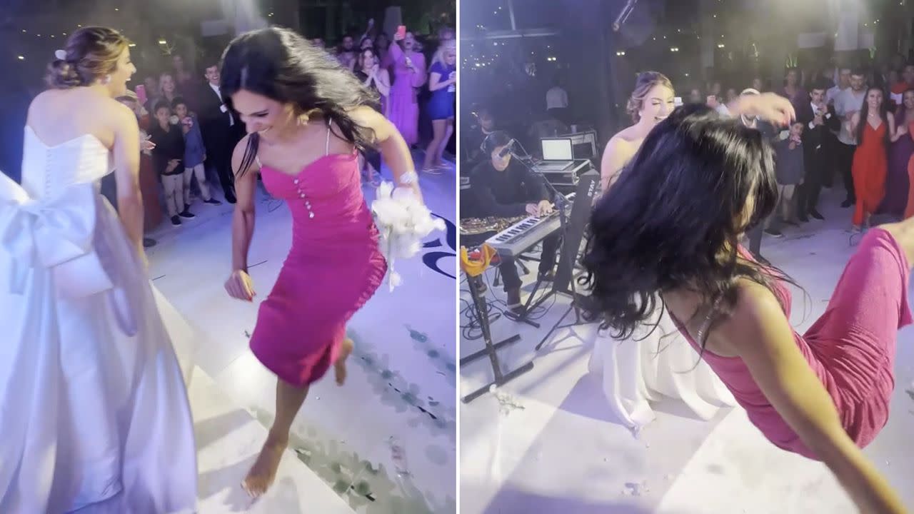 Excited wedding guest has epic fail after catching bridal bouquet