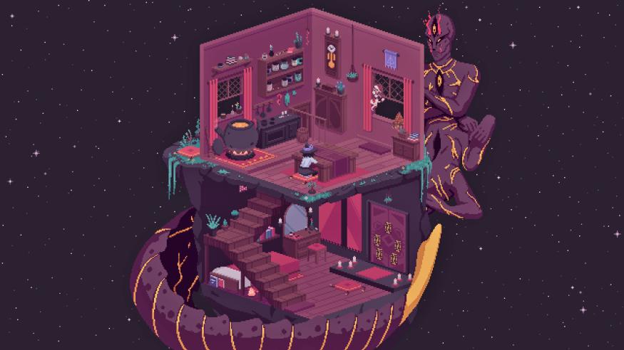 In this screenshot from the video game 'The Cosmic Wheel Sisterhood', we see a disembodied two story home floating in space with a boat-like base and a genie at the prow.