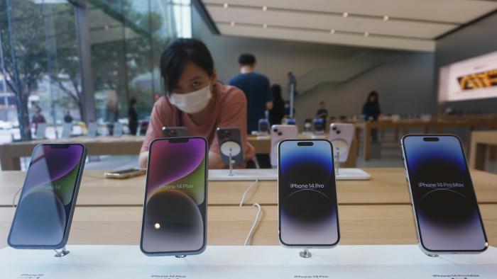 Photo taken on Aug. 14, 2023 shows iPhones at an Apple store in Hangzhou, East China's Zhejiang province. On the same day, data released by TechInsights showed that Apple's iPhone sales in China surpassed the United States for the first time in the second quarter of 2023, becoming the largest single market for iPhone shipments. (Photo by Costfoto/NurPhoto via Getty Images)