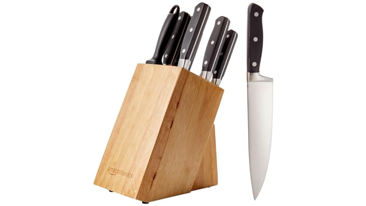 OOU Kitchen Knife Block Set - 15 Pieces High Carbon Stainless Steel Chef  Knife Sets, Anti-Rust Black Knives Set with Built-in Sharpener Block, Walnut