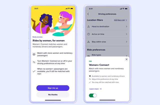 Screenshots of Lyft's Women+ Connect feature, which allows women and nonbinary riders and drivers to indicate a preference to match with women and nonbinary riders and drivers more often.