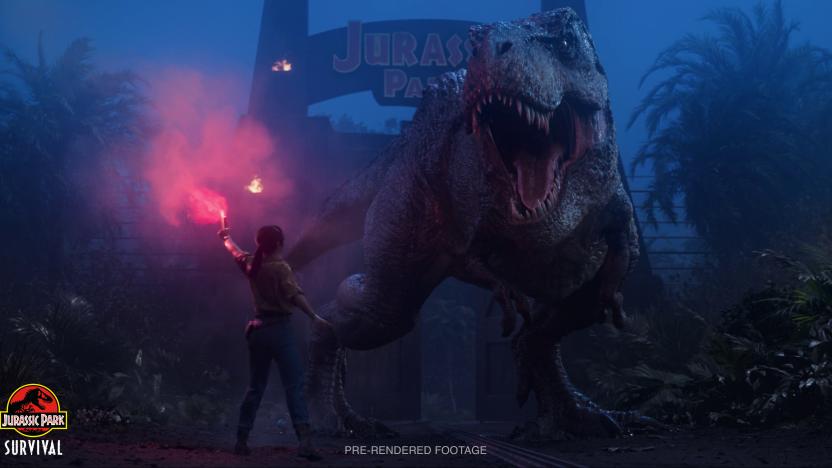 An image of a woman in front of a dinosaur. 