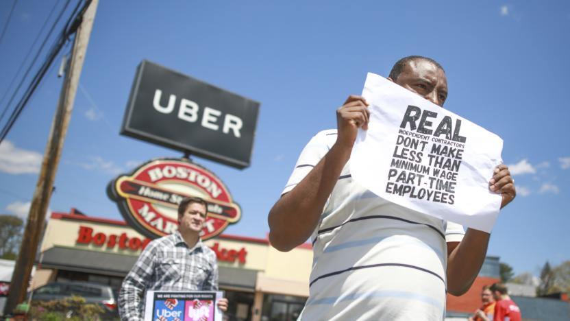 SAUGUS, MA- May 8, 2019: Full-time rideshare driver Solomme Tedela, of Boston, joins with other ridershare drivers to rally outside the Uber office on Broadway as part of the nationwide day of action calling for higher wages on May 8, 2019 in Saugus, Massachusetts. (Staff photo By Nicolaus Czarnecki/MediaNews Group/Boston Herald) (Photo by Nicolaus Czarnecki/MediaNews Group/Boston Herald via Getty Images)