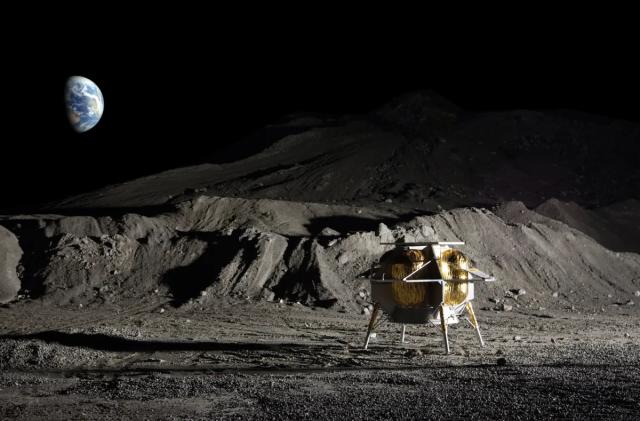 A rendering of Astrobotic's Peregrine lander on the surface of the moon, with Earth visible in the distance