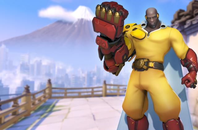 Doomfist as One-Punch Man, with Mount Fuji in the background. 