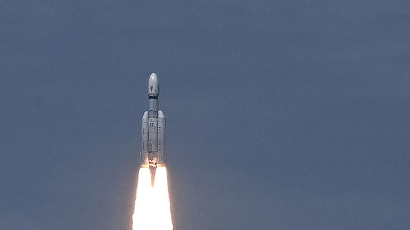 An Indian Space Research Organisation (ISRO) rocket carrying the Chandrayaan-3 spacecraft lifts off from the Satish Dhawan Space Centre in Sriharikota, an island off the coast of southern Andhra Pradesh state on July 14, 2023. India launched a rocket on July 14 carrying an unmanned spacecraft to land on the Moon, its second attempt to do so as its cut-price space programme seeks to reach new heights. (Photo by R. Satish BABU / AFP) (Photo by R. SATISH BABU/AFP via Getty Images)