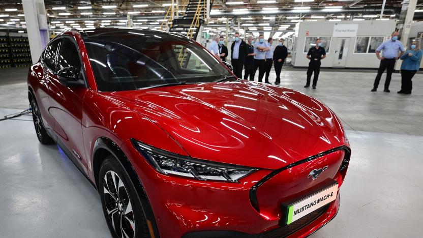 A picture shows the Ford Mustang Mach-E car at Ford's Halewood plant in Liverpool, north west England, on October 18, 2021. - US auto giant Ford on October 18 unveiled plans to convert a UK factory into its first electric vehicle component assembly site in Europe. Ford will invest £230 million ($316 million, 273 million euros) in its Halewood plant on Merseyside in northwest England, the carmaker said. (Photo by Paul ELLIS / AFP) (Photo by PAUL ELLIS/AFP via Getty Images)