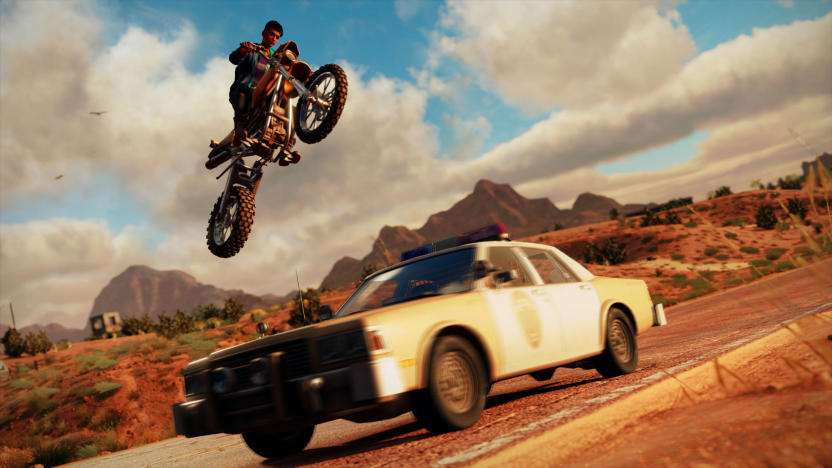 Image of 'The Boss' player protagonist doing a lovely motorcycle jump over an old-timey sherriff's car.