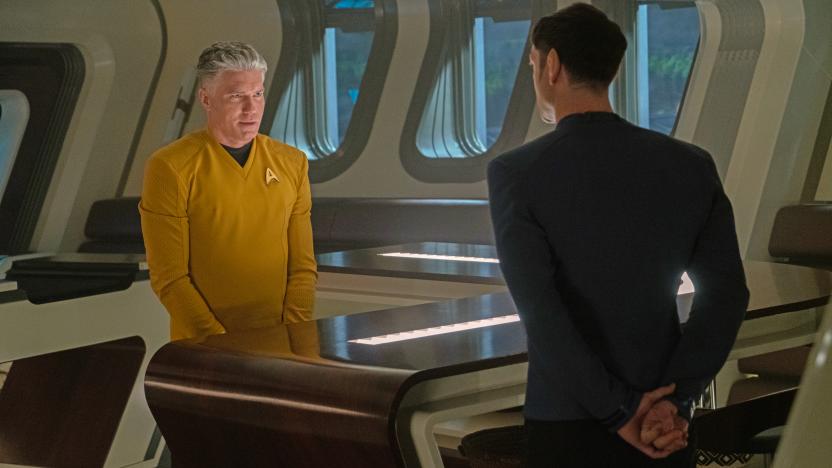 Anson Mount as Capt. Pike and Ethan Peck as Spock appearing in episode 201 âThe Broken Circleâ of Star Trek: Strange New Worlds, streaming on Paramount+, 2023. 