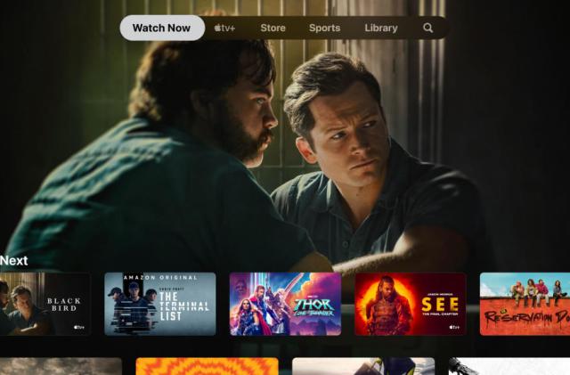 Apple TV home screen, featuring a still from Black Bird with content icons below.