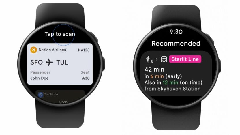 Side by side renderings of a Wear OS watch show a boarding pass on a watch, and train departure times